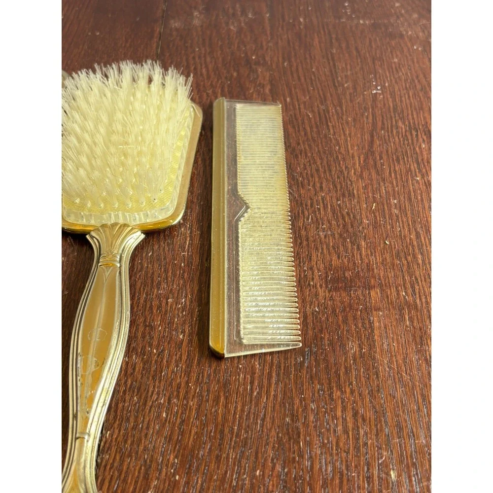 Vintage Floral Guilloche Vanity Set Hand Mirror Brush Comb Gold Tone 3pc